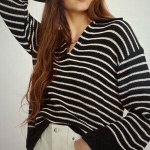 J. Crew Black & White Striped V-Neck Sweater